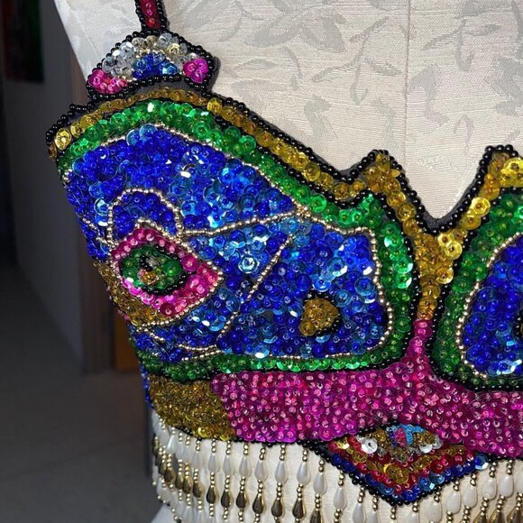 Vintage Sequin Bra Top Size Medium Multicolor Beaded Pearl Fringe Embellished - Picture 3 of 16